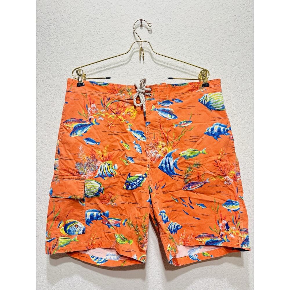 Vintage Polo Ralph Lauren Fish Swim Shorts Trunks Lined Orange